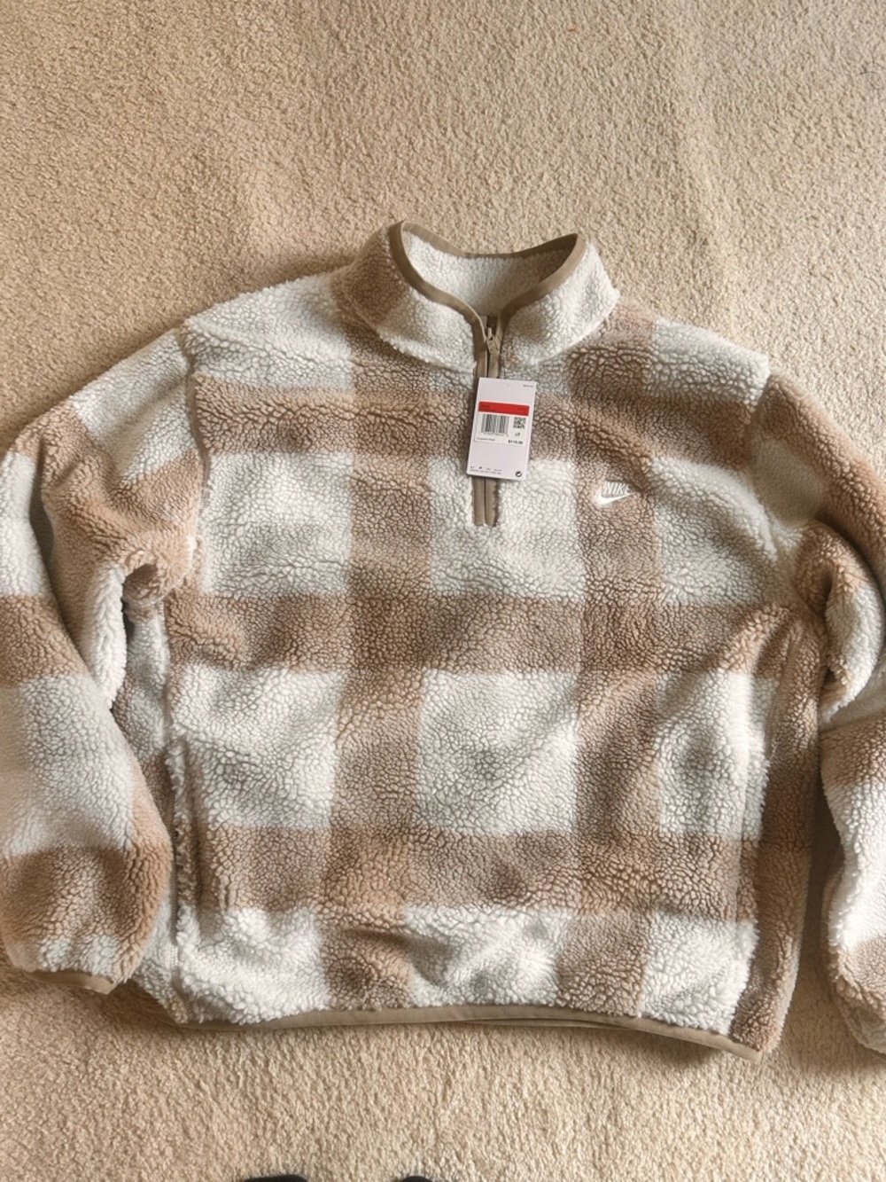 Nike Men's Cream and Tan Sherpa Quarter-Zip Pullover